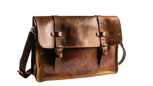 Brown distressed leather messenger bag with brass buckles and straps