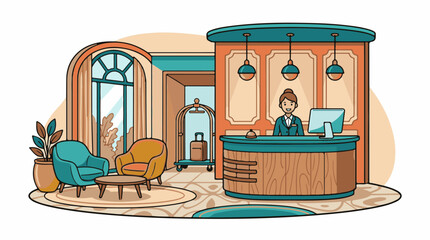 Obraz premium A hotel lobby with a reception desk and a woman standing behind it