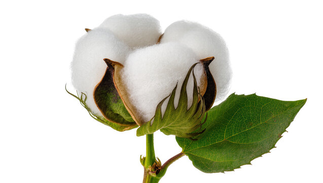 Cotton boll with green leaf and stem