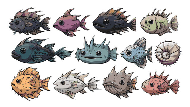 Collection of Various Fish Species Displayed in a Row.