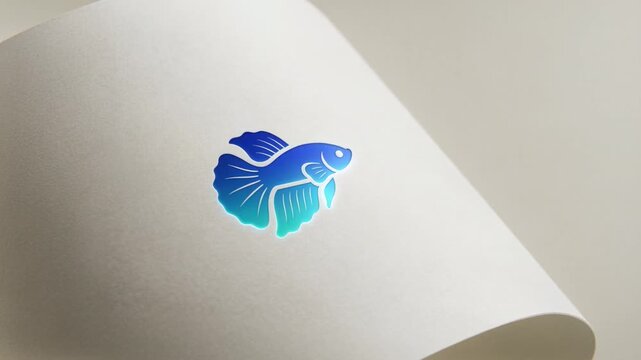 Zooming camera revealing fish logo centered on textured cream paper, highlighting gloss and curl