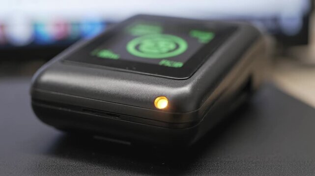 Getting power, compact black device lighting amber LED and powering green display at desk