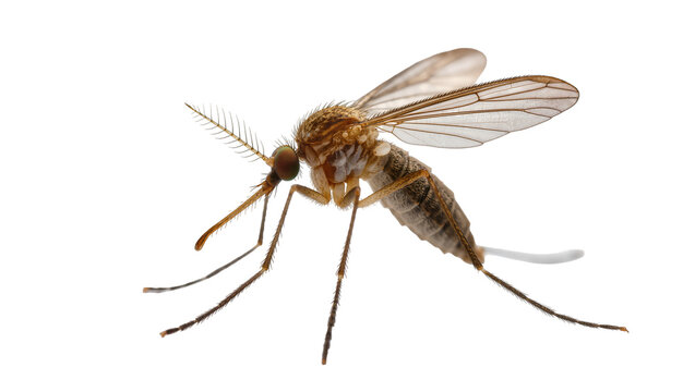 Detailed macro view of a mosquito with translucent wings and segmented body