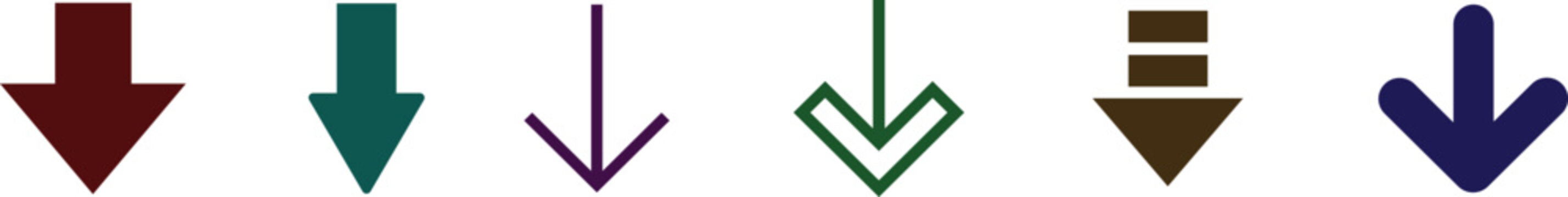 Multicolor downward arrow icons collection in dark red green and navy styles
