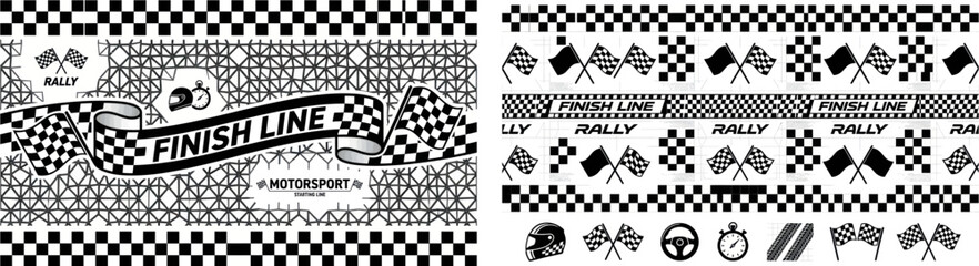 Racing checkered patterns and icons fill the entire scene with graphic designs. © Umbreon