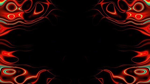 Vibrant red swirls dance across a black background with symmetrical patterns.