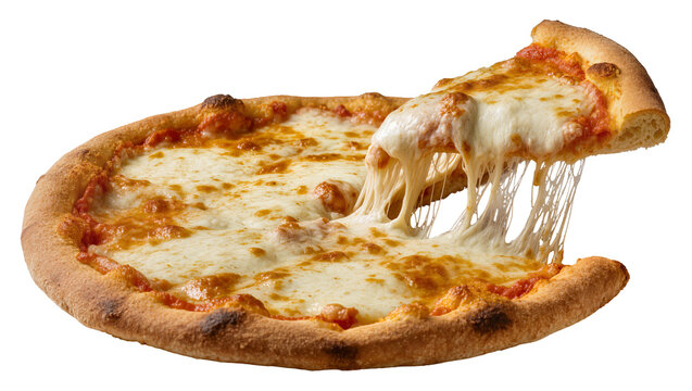 Stretched cheese pizza slice with tomato sauce and crust