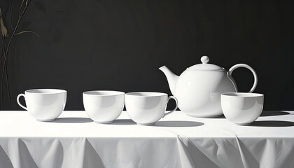 Fototapeta premium Minimalist white ceramic tea set with teapot and cups on tablecloth against a dark background