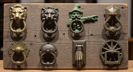 Fototapeta premium Collection of vintage ornate door knockers on wooden board