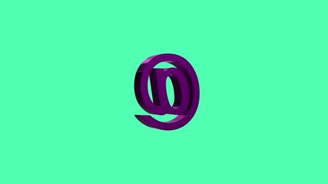 3D Rotating At Sign Email Icon Animation in Purple Color, Internet Communication,Animated At Symbol Icon on Green Background, Email Communication Sign Motion Graphic,on Mint Green Background.