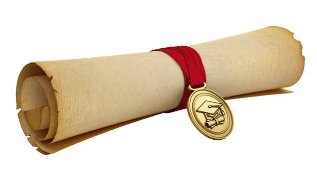 Rolled diploma scroll with red ribbon and graduation medal