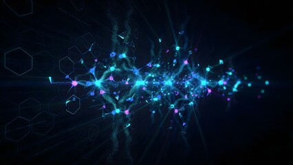 Obraz premium Dynamic Visualization of Neural Network Data with Light Particles and Hexagonal Overlay