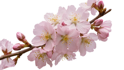 Naklejka premium Delicate pink cherry blossoms with yellow stamens on a branch