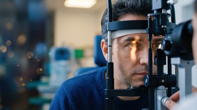 A man sits at an eye examination machine while a doctor measures his vision. The setting is well lit, and medical equipment is visible in the background