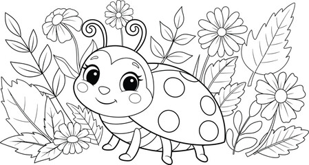 Cute ladybug in a garden of flowers coloring page © TouhidaJahan