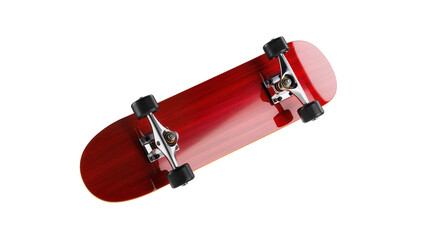 Red wooden skateboard with silver trucks and black wheels © Julia