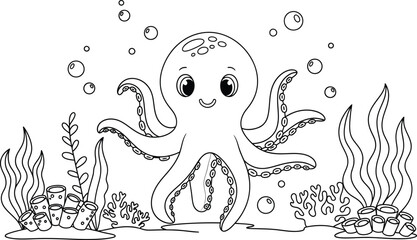 Friendly cartoon octopus in underwater scene for kids © TouhidaJahan