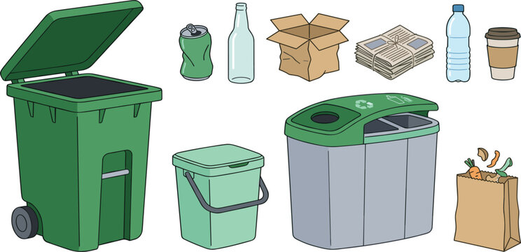 Eco friendly trash sorting collection vector featuring green wheelie bin recycling station paper bag with compostable food scraps and recyclable rubbish materials
