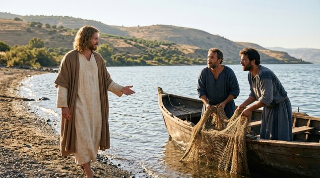 Jesus calling fishermen Peter and Andrew by the Sea of Galilee. Biblical scene showing men leaving their boat and net to follow. Religious historical drama representing faith and gospel.