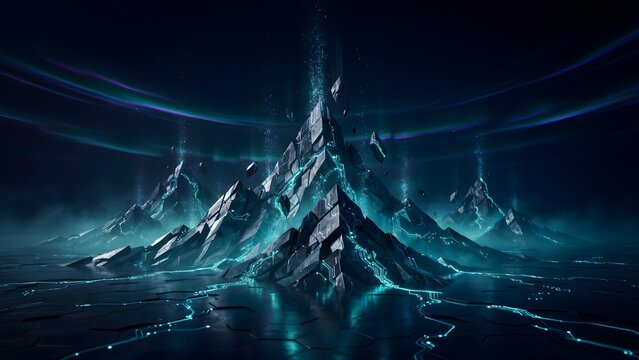 Mystical futuristic mountain landscape with glowing blue energy streams and floating fragments