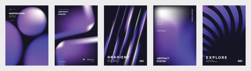 Naklejka premium Futuristic gradient poster vector collection. Abstract purple blue backgrounds with glowing geometric shapes for cover, banner and digital design.
