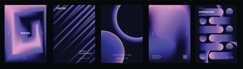 Plakat Futuristic gradient poster vector collection. Abstract purple blue backgrounds with glowing geometric shapes for cover, banner and digital design.