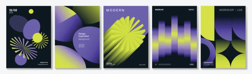 Fototapeten Restaurant Neon geometric poster vector set. Purple blue gradient cover templates with futuristic 3D shapes for social media, flyer and event design.  © TWINS DESIGN STUDIO
