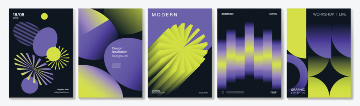 Neon geometric poster vector set. Purple blue gradient cover templates with futuristic 3D shapes for social media, flyer and event design.