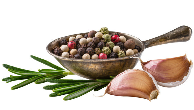 Peppercorns in bowl with rosemary and garlic cloves