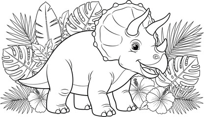 Tropical triceratops dinosaur illustration with jungle leaves and flowers © TahmidurRahman