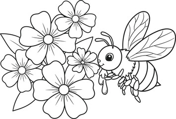 Cute cartoon bee collecting nectar from colorful flowers © TahmidurRahman
