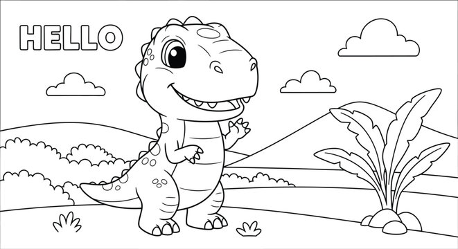Smiling t rex dinosaur in a prehistoric landscape coloring page