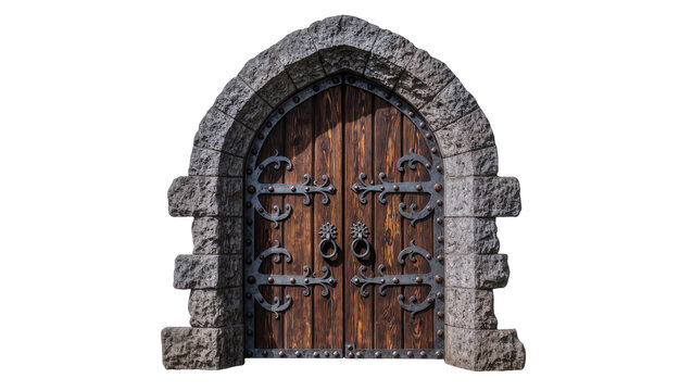 Gothic wooden double doors with stone arch and metal hinges