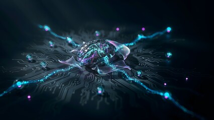 Naklejka premium Futuristic Digital Brain Network with Glowing Data Connections and Circuitry