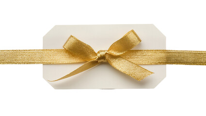 Fototapeta premium Gold ribbon tied in a bow on a white gift tag