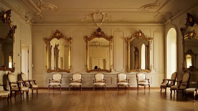 Luxury interior design and historical architecture ornate gold mirrors and chairs in an elegant palace room