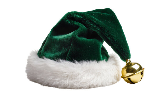 Green velvet elf hat with white fur trim and gold bell