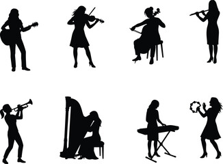 Female Musician Silhouette Collection with Guitar Violin Cello Flute Trumpet Harp Keyboard and Tambourine Performers © MdShahin
