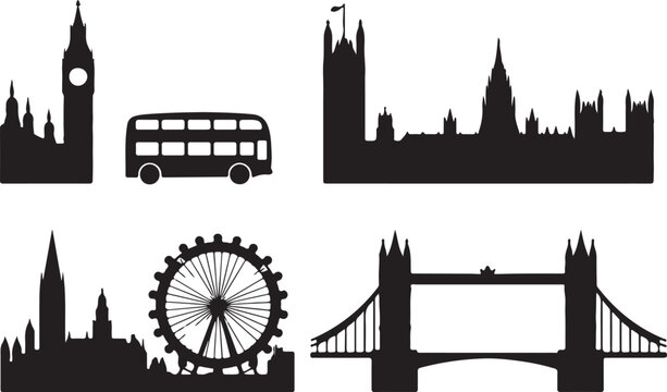 London city skyline black silhouettes including big ben parliament building tower bridge london eye and traditional double decker bus.