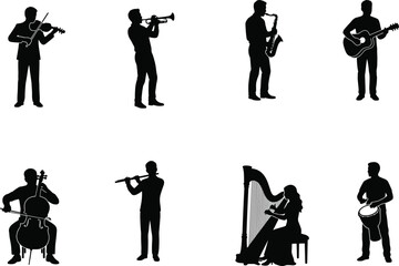 Musician Silhouette Collection Featuring Violin Trumpet Saxophone Guitar Cello Flute Harp and Drum Performers © MdShahin