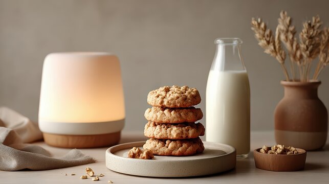 A stack of oatmeal cookies sits on a ceramic plate, bathed in warm lamp light beside a glass of milk. The cozy kitchen scene highlights cookie texture and a serene atmosphere.