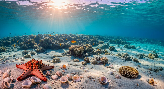 Underwater scene with red starfish, seashells, coral, and small fish illuminated by sunbeams filtering through clear blue water, symbolizing ocean life and tranquility