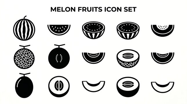 Black and white melon fruits icon collection.