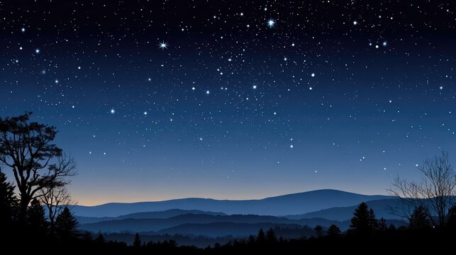 A breathtaking starlit night sky sweeps over rolling hills and distant mountains. Photorealistic astronomy landscape with a tranquil, serene natural night gradient.