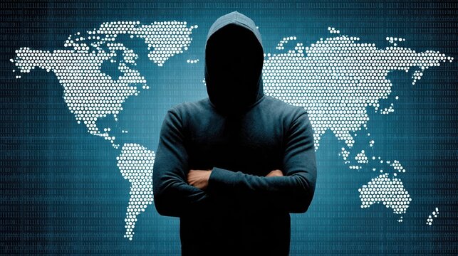 A hooded anonymous hacker stands before a glowing digital world map, symbolizing global cyber security threats. Futuristic blue lighting and binary code create a dramatic cybercrime atmosphere.