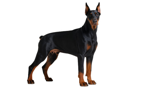 Black and tan Doberman Pinscher standing alertly