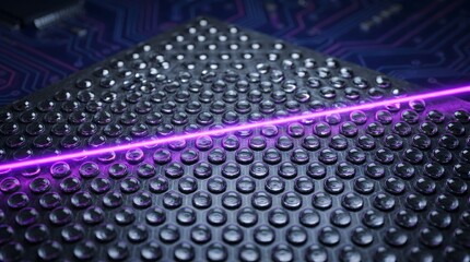 Fototapeta premium Futuristic technology surface showcasing glowing purple laser beam cutting through intricate grid of transparent domes for innovation