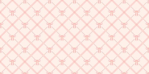 Fototapeta na wymiar Coquette seamless pattern pink bow with ribbons on pastel backdrop. Checkered wrapping paper background for birthday, holiday and Valentine's Day. Cute repeat wallpaper texture. Vector illustration