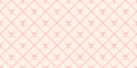 Fototapeten Restaurant Coquette seamless pattern pink bow with ribbons on pastel backdrop. Checkered wrapping paper background for birthday, holiday and Valentine's Day. Cute repeat wallpaper texture. Vector illustration  © accogliente