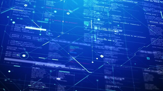 4K fictional AI terminal video overlay featuring abstract system logs, interface panels and simulated code for futuristic concept